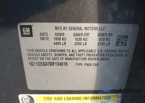 2013 Chevrolet Malibu 1Lt from USA, damaged, VIN 1G11C5SA7DF134918